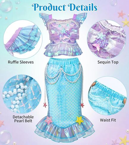G.C Mermaid Costume for Girls,Little Mermaid Dress with Red Wig,Princess Dress Up Halloween Birthday Gift for Kids 2-7 in Kuwait