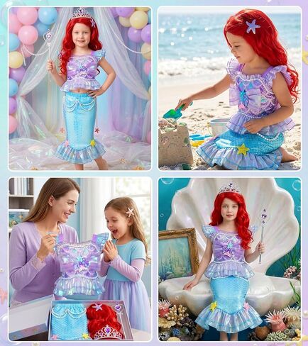 G.C Mermaid Costume for Girls,Little Mermaid Dress with Red Wig,Princess Dress Up Halloween Birthday Gift for Kids 2-7 in Kuwait
