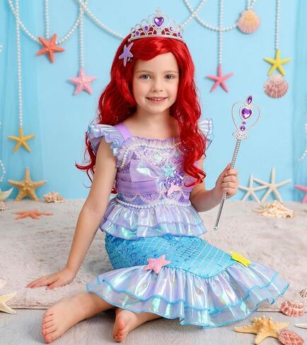 G.C Mermaid Costume for Girls,Little Mermaid Dress with Red Wig,Princess Dress Up Halloween Birthday Gift for Kids 2-7 in Kuwait
