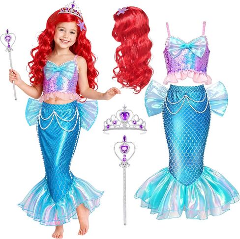 G.C Mermaid Costume for Girls,Little Mermaid Dress with Red Wig,Princess Dress Up Halloween Birthday Gift for Kids 2-7 in Kuwait