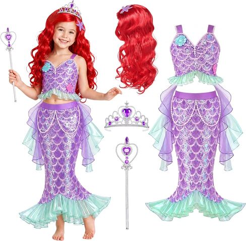 G.C Mermaid Costume for Girls,Little Mermaid Dress with Red Wig,Princess Dress Up Halloween Birthday Gift for Kids 2-7 in Kuwait