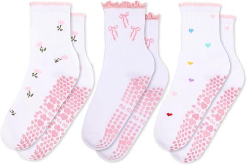 3/4/6 Pairs Cute Pilates Socks for Women Ruffle Yoga Socks with Grips Non Slip Cotton Frilly Crew Sock for Yoga in Kuwait