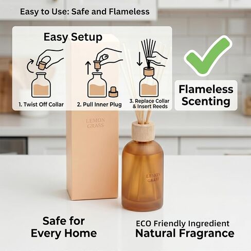 Reed Diffuser Set for Home 6.7 oz Scented Oil Diffuser with 6 Fiber Sticks, Smell Good Long Lasting Fragrance for Bathroom, Living Room, Office and Aromatherapy Gift (Lemon Grass) in Kuwait