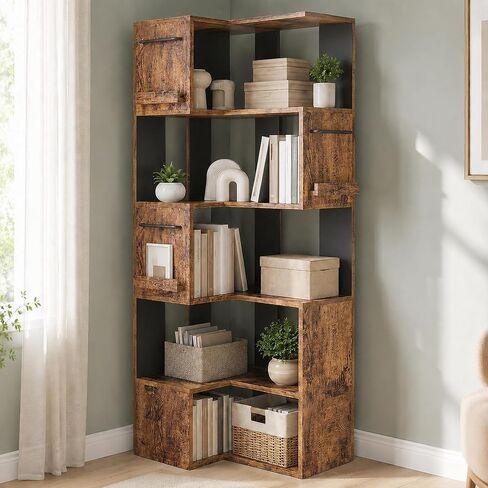 PPAMAPIC 5 Tier Corner Bookshelf, 63" Tall L Shaped Bookcase, Corner Cabinet, Wood Grain Shelf Display Rack for Kitchen, Bedroom, Living Room (White) in Kuwait