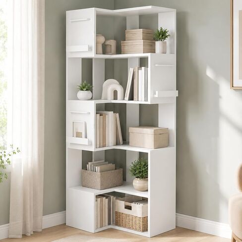 PPAMAPIC 5 Tier Corner Bookshelf, 63" Tall L Shaped Bookcase, Corner Cabinet, Wood Grain Shelf Display Rack for Kitchen, Bedroom, Living Room (White) in Kuwait