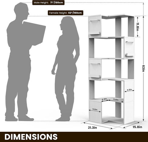 PPAMAPIC 5 Tier Corner Bookshelf, 63" Tall L Shaped Bookcase, Corner Cabinet, Wood Grain Shelf Display Rack for Kitchen, Bedroom, Living Room (White) in Kuwait
