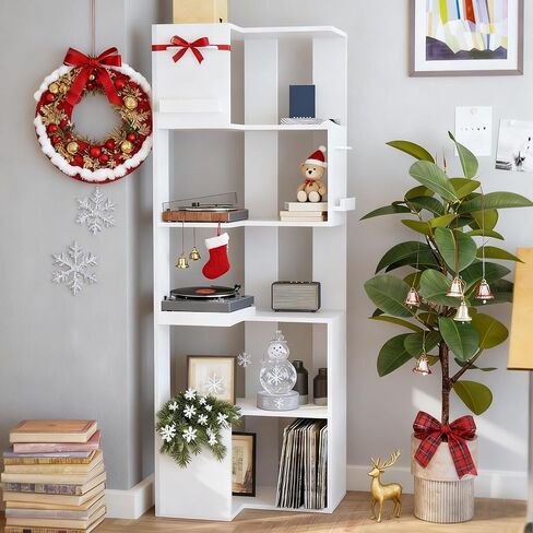 PPAMAPIC 5 Tier Corner Bookshelf, 63" Tall L Shaped Bookcase, Corner Cabinet, Wood Grain Shelf Display Rack for Kitchen, Bedroom, Living Room (White) in Kuwait