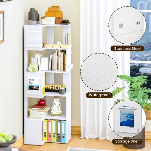 PPAMAPIC 5 Tier Corner Bookshelf, 63" Tall L Shaped Bookcase, Corner Cabinet, Wood Grain Shelf Display Rack for Kitchen, Bedroom, Living Room (White) in Kuwait