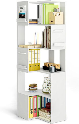 PPAMAPIC 5 Tier Corner Bookshelf, 63" Tall L Shaped Bookcase, Corner Cabinet, Wood Grain Shelf Display Rack for Kitchen, Bedroom, Living Room (White) in Kuwait