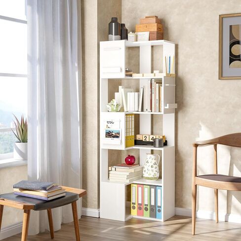 PPAMAPIC 5 Tier Corner Bookshelf, 63" Tall L Shaped Bookcase, Corner Cabinet, Wood Grain Shelf Display Rack for Kitchen, Bedroom, Living Room (White) in Kuwait
