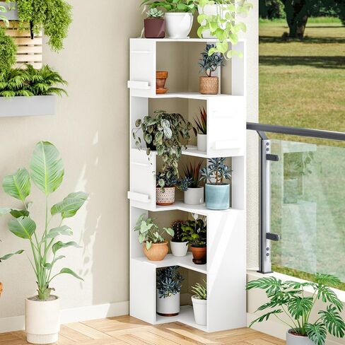 PPAMAPIC 5 Tier Corner Bookshelf, 63" Tall L Shaped Bookcase, Corner Cabinet, Wood Grain Shelf Display Rack for Kitchen, Bedroom, Living Room (White) in Kuwait