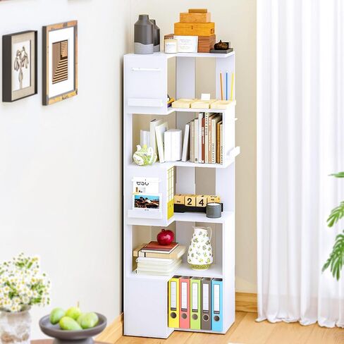 PPAMAPIC 5 Tier Corner Bookshelf, 63" Tall L Shaped Bookcase, Corner Cabinet, Wood Grain Shelf Display Rack for Kitchen, Bedroom, Living Room (White) in Kuwait