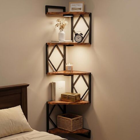 HAAYOT Corner Shelf Wall Mounted: 5-Tier Floating Shelves with Lights for Living Room, Bedroom, Home Office, Rustic Brown in Saudi Arabia
