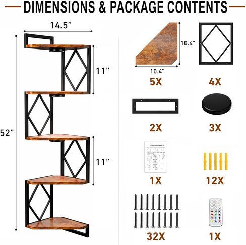 HAAYOT Corner Shelf Wall Mounted: 5-Tier Floating Shelves with Lights for Living Room, Bedroom, Home Office, Rustic Brown in Saudi Arabia