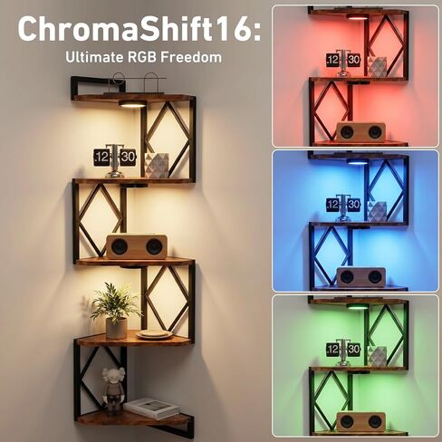 HAAYOT Corner Shelf Wall Mounted: 5-Tier Floating Shelves with Lights for Living Room, Bedroom, Home Office, Rustic Brown in Saudi Arabia