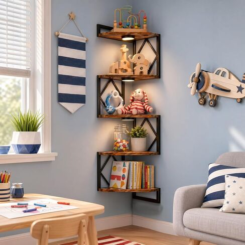 HAAYOT Corner Shelf Wall Mounted: 5-Tier Floating Shelves with Lights for Living Room, Bedroom, Home Office, Rustic Brown in Saudi Arabia