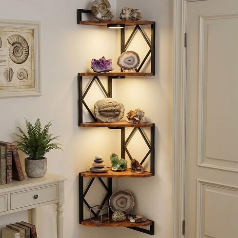 HAAYOT Corner Shelf Wall Mounted: 5-Tier Floating Shelves with Lights for Living Room, Bedroom, Home Office, Rustic Brown in Saudi Arabia