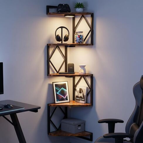 HAAYOT Corner Shelf Wall Mounted: 5-Tier Floating Shelves with Lights for Living Room, Bedroom, Home Office, Rustic Brown in Saudi Arabia