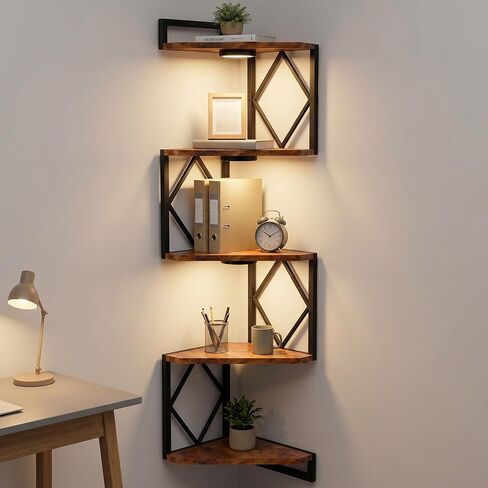 HAAYOT Corner Shelf Wall Mounted: 5-Tier Floating Shelves with Lights for Living Room, Bedroom, Home Office, Rustic Brown in Saudi Arabia