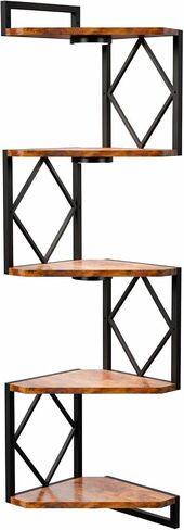 HAAYOT Corner Shelf Wall Mounted: 5-Tier Floating Shelves with Lights for Living Room, Bedroom, Home Office, Rustic Brown in Saudi Arabia
