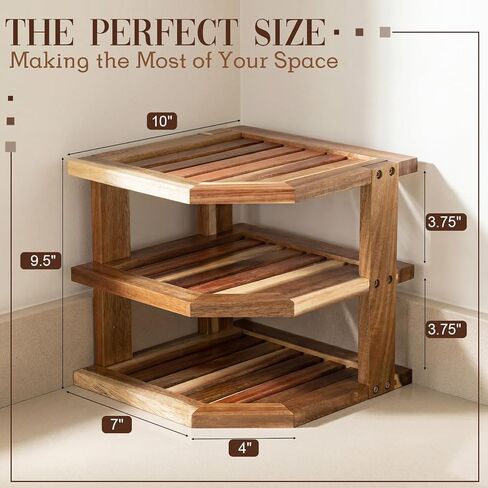 Mifoci 3 Tier Acacia Wood Corner Shelf Organizer لطاولة المطبخ والخزانة، منظم مساحة رف زاوية من الخشب الصلب للأطباق والأطباق والأوعية والأكواب وتخزين المؤن، 9.5 بوصة × 10 بوصة، تتضمن الأجهزة in Kuwait