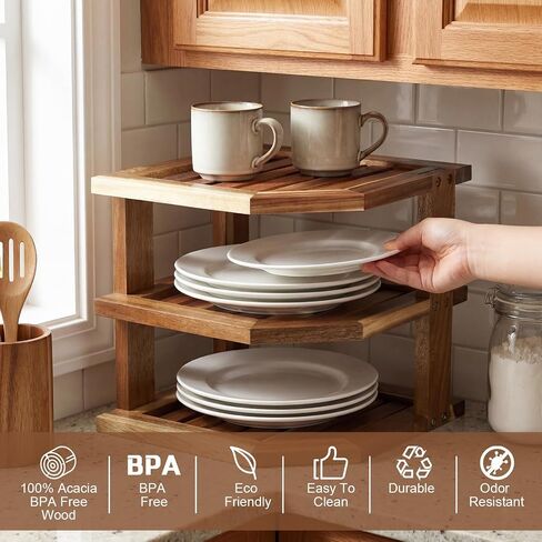 Mifoci 3 Tier Acacia Wood Corner Shelf Organizer لطاولة المطبخ والخزانة، منظم مساحة رف زاوية من الخشب الصلب للأطباق والأطباق والأوعية والأكواب وتخزين المؤن، 9.5 بوصة × 10 بوصة، تتضمن الأجهزة in Kuwait