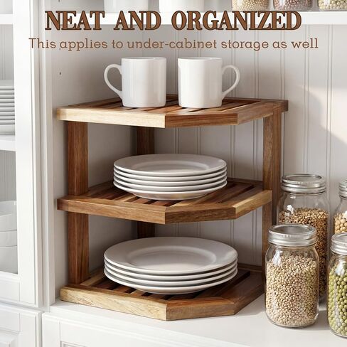 Mifoci 3 Tier Acacia Wood Corner Shelf Organizer لطاولة المطبخ والخزانة، منظم مساحة رف زاوية من الخشب الصلب للأطباق والأطباق والأوعية والأكواب وتخزين المؤن، 9.5 بوصة × 10 بوصة، تتضمن الأجهزة in Kuwait