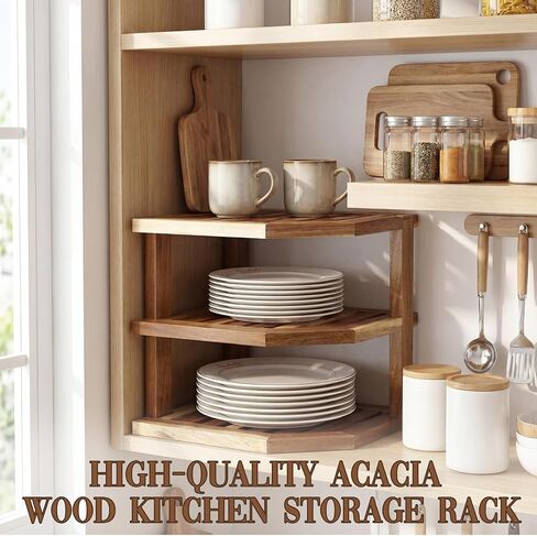 Mifoci 3 Tier Acacia Wood Corner Shelf Organizer لطاولة المطبخ والخزانة، منظم مساحة رف زاوية من الخشب الصلب للأطباق والأطباق والأوعية والأكواب وتخزين المؤن، 9.5 بوصة × 10 بوصة، تتضمن الأجهزة in Kuwait