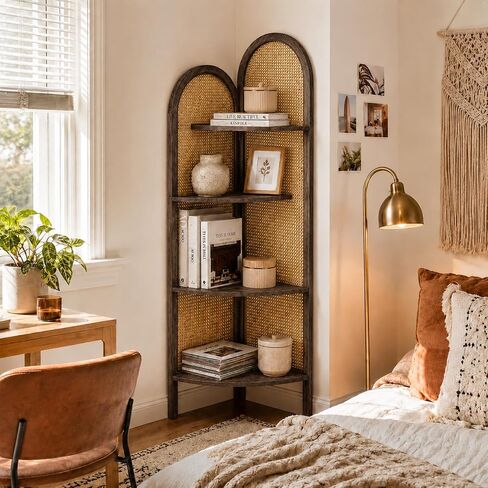 4 Tier Farmhouse Corner Shelf, 70" Tall Pine Wood and Rattan Corner Bookshelf for Small Spaces, Freestanding Display Shelf for Living Room, Bedroom, Bathroom, Kitchen, Natural in Saudi Arabia