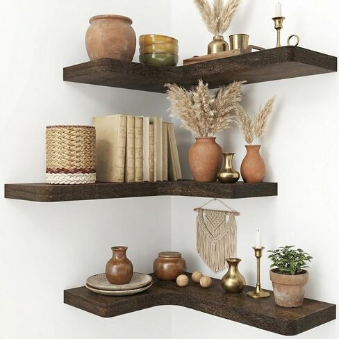 16 Inch Solid Wood Floating Corner Shelves 3 Pack - 40 LBS Capacity, Easy to Install - Modern Farmhouse with Hidden Brackets, Space-Saving, for Living Rooms, Rustic Brown in Kuwait