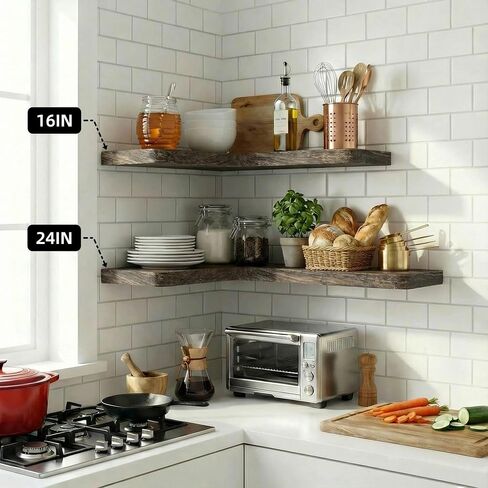16 Inch Solid Wood Floating Corner Shelves 3 Pack - 40 LBS Capacity, Easy to Install - Modern Farmhouse with Hidden Brackets, Space-Saving, for Living Rooms, Rustic Brown in Kuwait