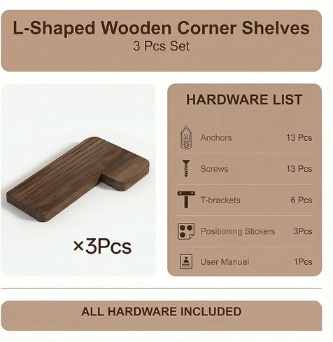 16 Inch Solid Wood Floating Corner Shelves 3 Pack - 40 LBS Capacity, Easy to Install - Modern Farmhouse with Hidden Brackets, Space-Saving, for Living Rooms, Rustic Brown in Kuwait