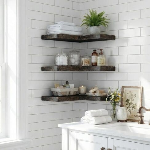 16 Inch Solid Wood Floating Corner Shelves 3 Pack - 40 LBS Capacity, Easy to Install - Modern Farmhouse with Hidden Brackets, Space-Saving, for Living Rooms, Rustic Brown in Kuwait