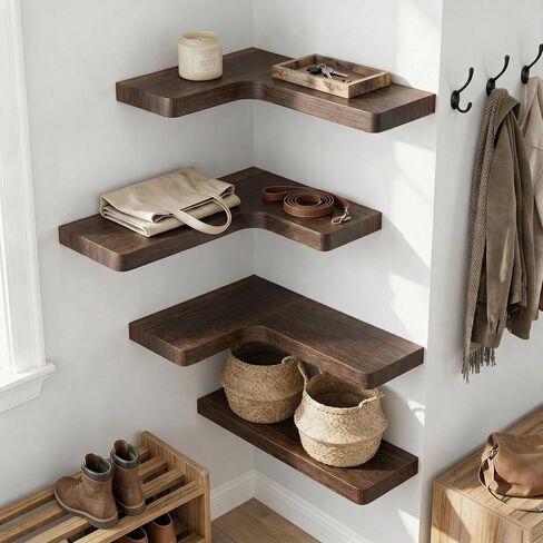 16 Inch Solid Wood Floating Corner Shelves 3 Pack - 40 LBS Capacity, Easy to Install - Modern Farmhouse with Hidden Brackets, Space-Saving, for Living Rooms, Rustic Brown in Kuwait