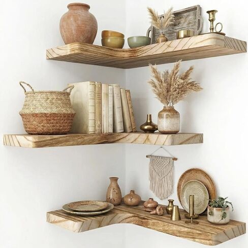 16 Inch Solid Wood Floating Corner Shelves 3 Pack - 40 LBS Capacity, Easy to Install - Modern Farmhouse with Hidden Brackets, Space-Saving, for Living Rooms, Rustic Brown in Kuwait