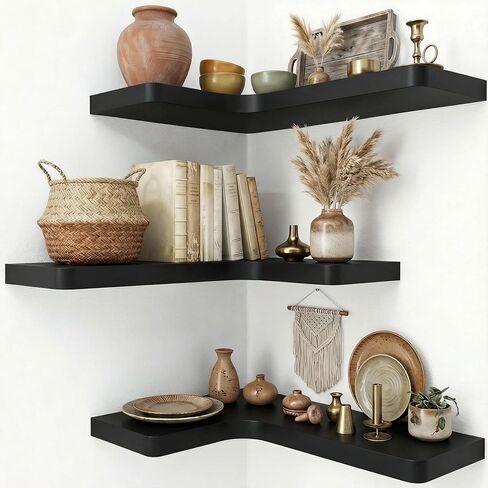 16 Inch Solid Wood Floating Corner Shelves 3 Pack - 40 LBS Capacity, Easy to Install - Modern Farmhouse with Hidden Brackets, Space-Saving, for Living Rooms, Rustic Brown in Kuwait