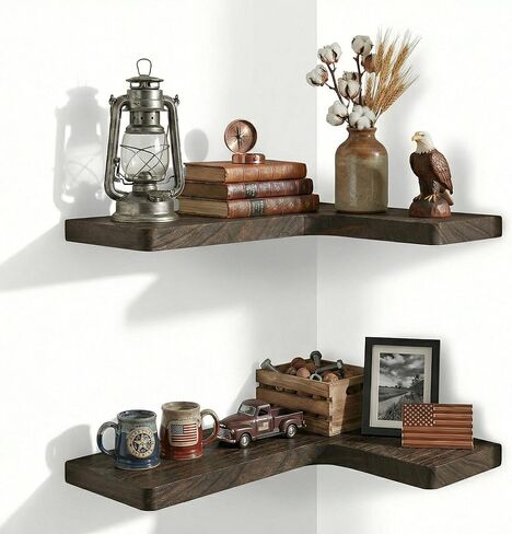 16 Inch Solid Wood Floating Corner Shelves 3 Pack - 40 LBS Capacity, Easy to Install - Modern Farmhouse with Hidden Brackets, Space-Saving, for Living Rooms, Rustic Brown in Kuwait