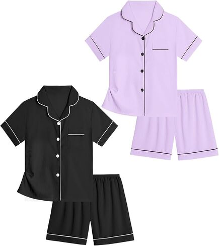 Girls Cotton Shadow Stripe Pajama Set, 4-Piece Short Sleeve Button Down Pjs in Kuwait