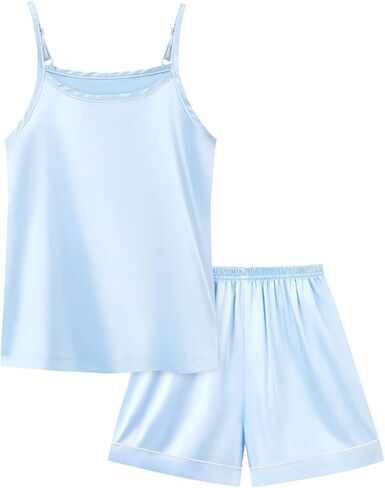 Weixinbuy Girls Pajamas Silk PJS Set Sleeveless Pajama Tank Elastic Waist Shorts Sleepwear Kids Summer Nightwear Clothes Set in Kuwait