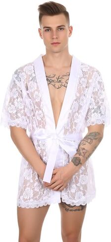 Men's Sexy Sissy Lace Bathrobes Pajamas Robes Set Night Lingerie with Thong in Kuwait