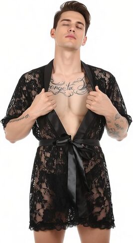 Men's Sexy Sissy Lace Bathrobes Pajamas Robes Set Night Lingerie with Thong in Kuwait