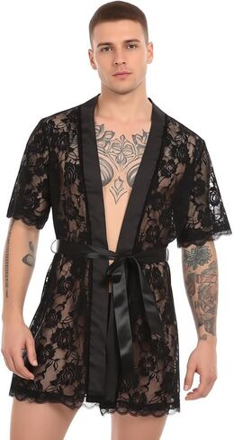 Men's Sexy Sissy Lace Bathrobes Pajamas Robes Set Night Lingerie with Thong in Kuwait