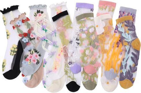 12 Pairs Womens Sheer Socks, Cute Transparent Summer See Through Vintage Floral Mesh Lace Glass Tulle Socks in Kuwait