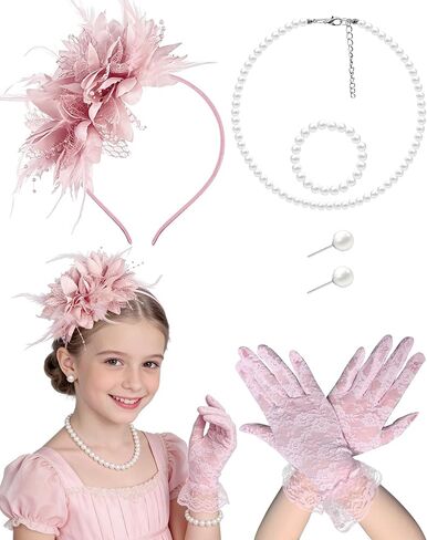Girls Tea Party Fascinators Hats with Lace Gloves for Tea Party in Kuwait