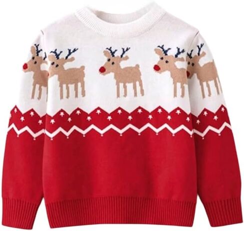 Kids Unisex Christmas Reindeer Sweater, Crew Neck, Long Sleeve, Red Combo. in Saudi Arabia