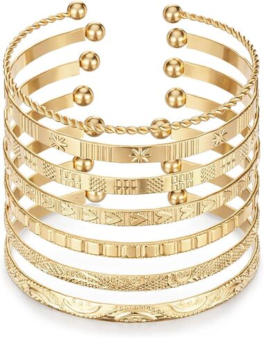 TIESOME 7 PCS Golden Bangles for Women, Gold Plated Multi Layer Stackable Open Bracelet Set Fashion Elegance Minimalist Textured Boho Jewelry Gift for Women Non Tarnish in Kuwait
