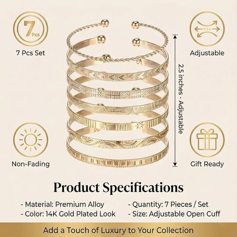TIESOME 7 PCS Golden Bangles for Women, Gold Plated Multi Layer Stackable Open Bracelet Set Fashion Elegance Minimalist Textured Boho Jewelry Gift for Women Non Tarnish in Kuwait