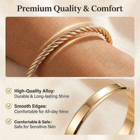 TIESOME 7 PCS Golden Bangles for Women, Gold Plated Multi Layer Stackable Open Bracelet Set Fashion Elegance Minimalist Textured Boho Jewelry Gift for Women Non Tarnish in Kuwait