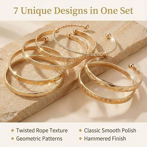 TIESOME 7 PCS Golden Bangles for Women, Gold Plated Multi Layer Stackable Open Bracelet Set Fashion Elegance Minimalist Textured Boho Jewelry Gift for Women Non Tarnish in Kuwait