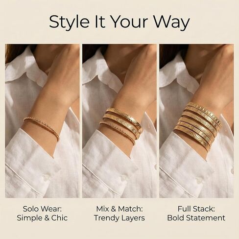 TIESOME 7 PCS Golden Bangles for Women, Gold Plated Multi Layer Stackable Open Bracelet Set Fashion Elegance Minimalist Textured Boho Jewelry Gift for Women Non Tarnish in Kuwait